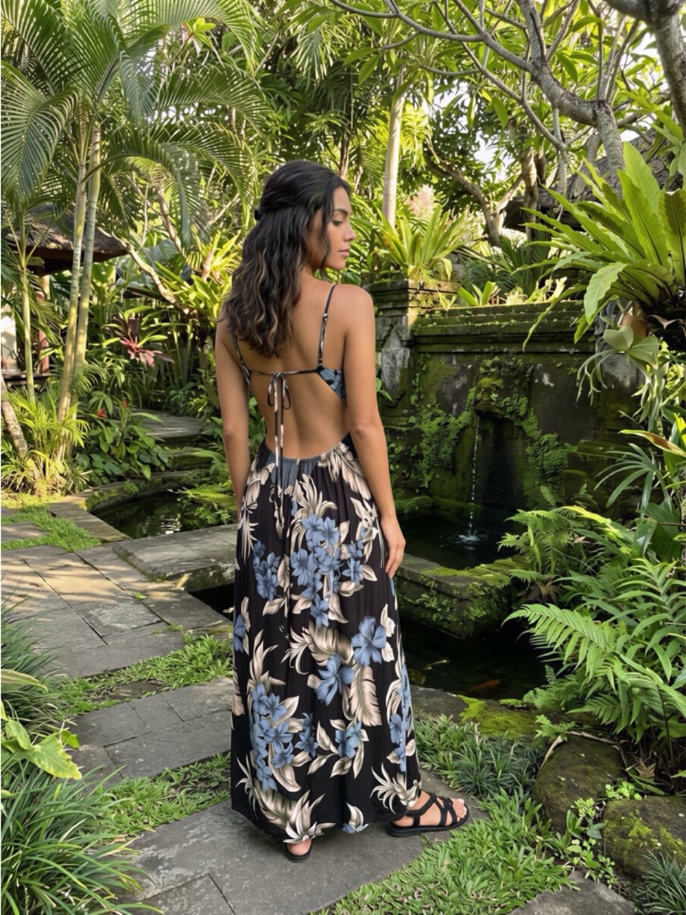 Floral Back-Tie Maxi Dress in Black and Blue
